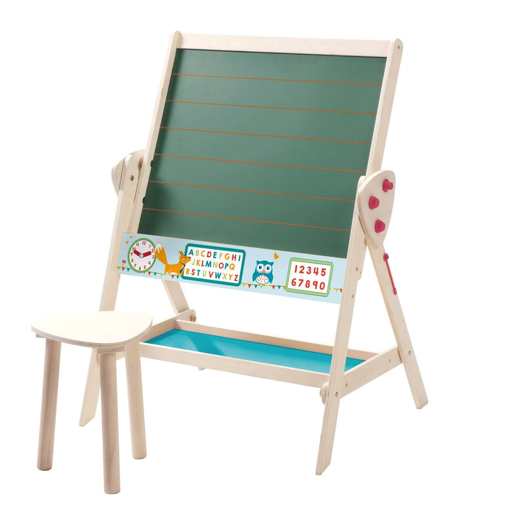 Tableau pivotant double face avec tabouret vert / naturel