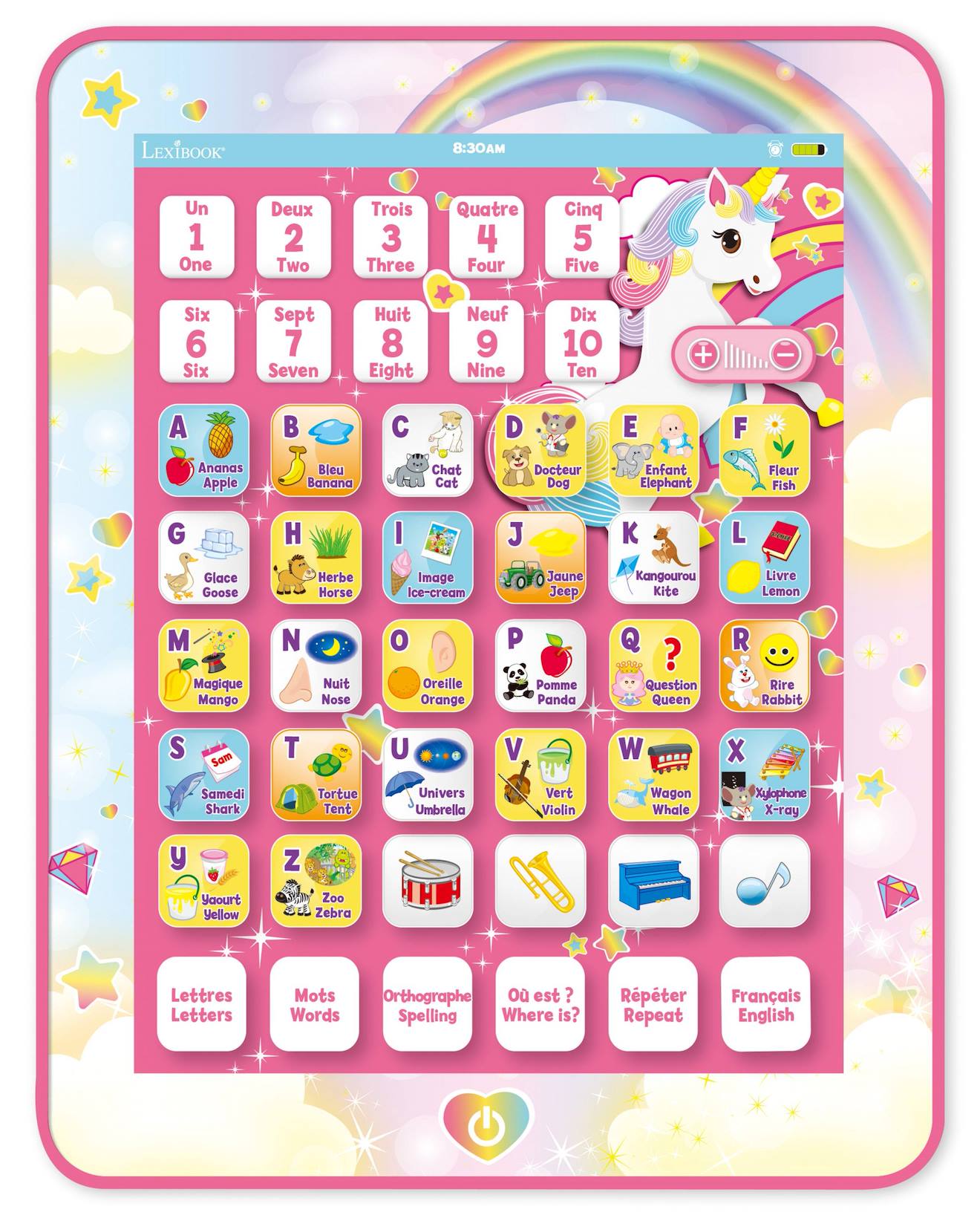 Tablette éducative bilingue licorne en français et en anglais multicolore