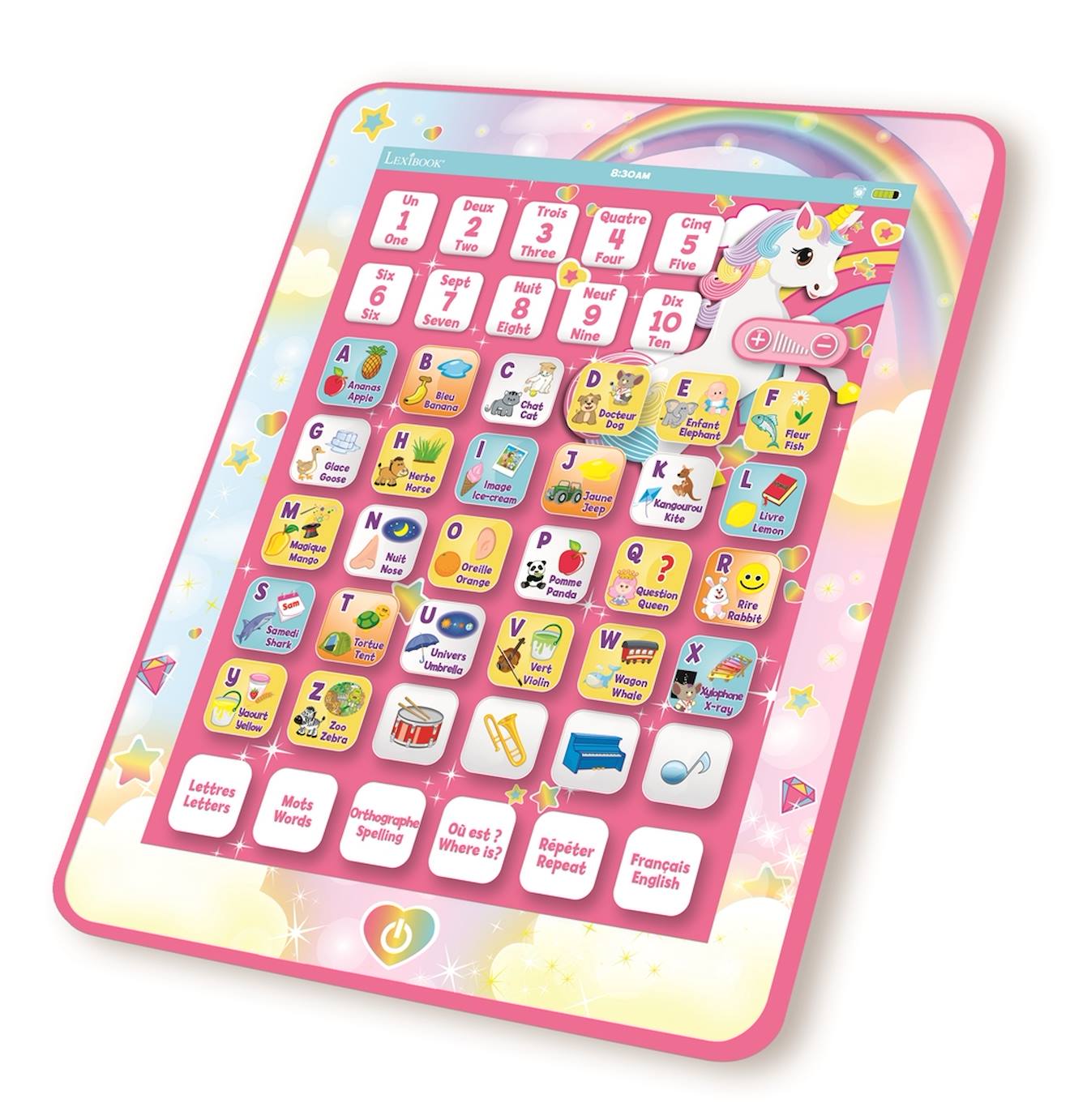 Tablette éducative bilingue licorne en français et en anglais multicolore