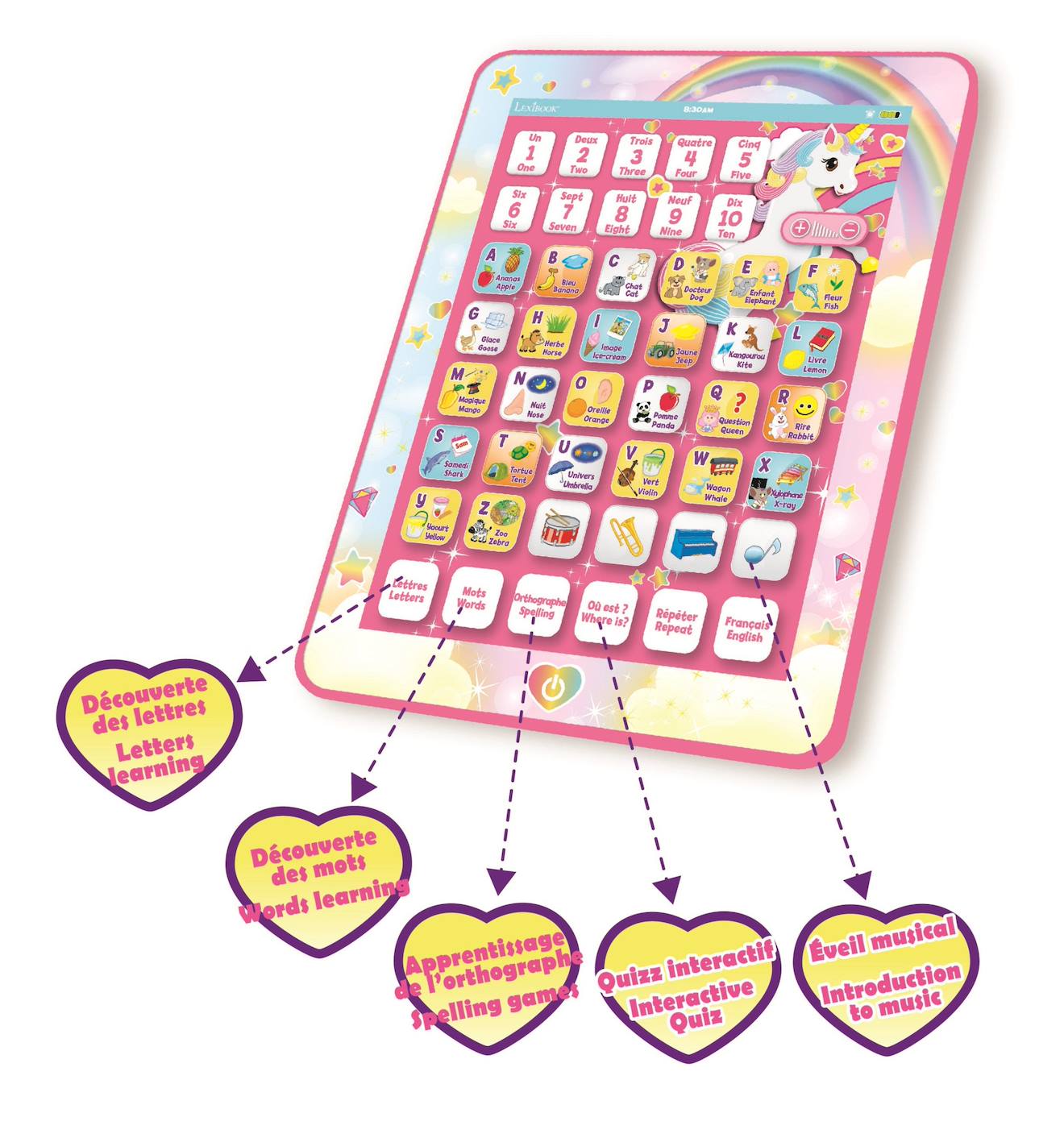 Tablette éducative bilingue licorne en français et en anglais multicolore