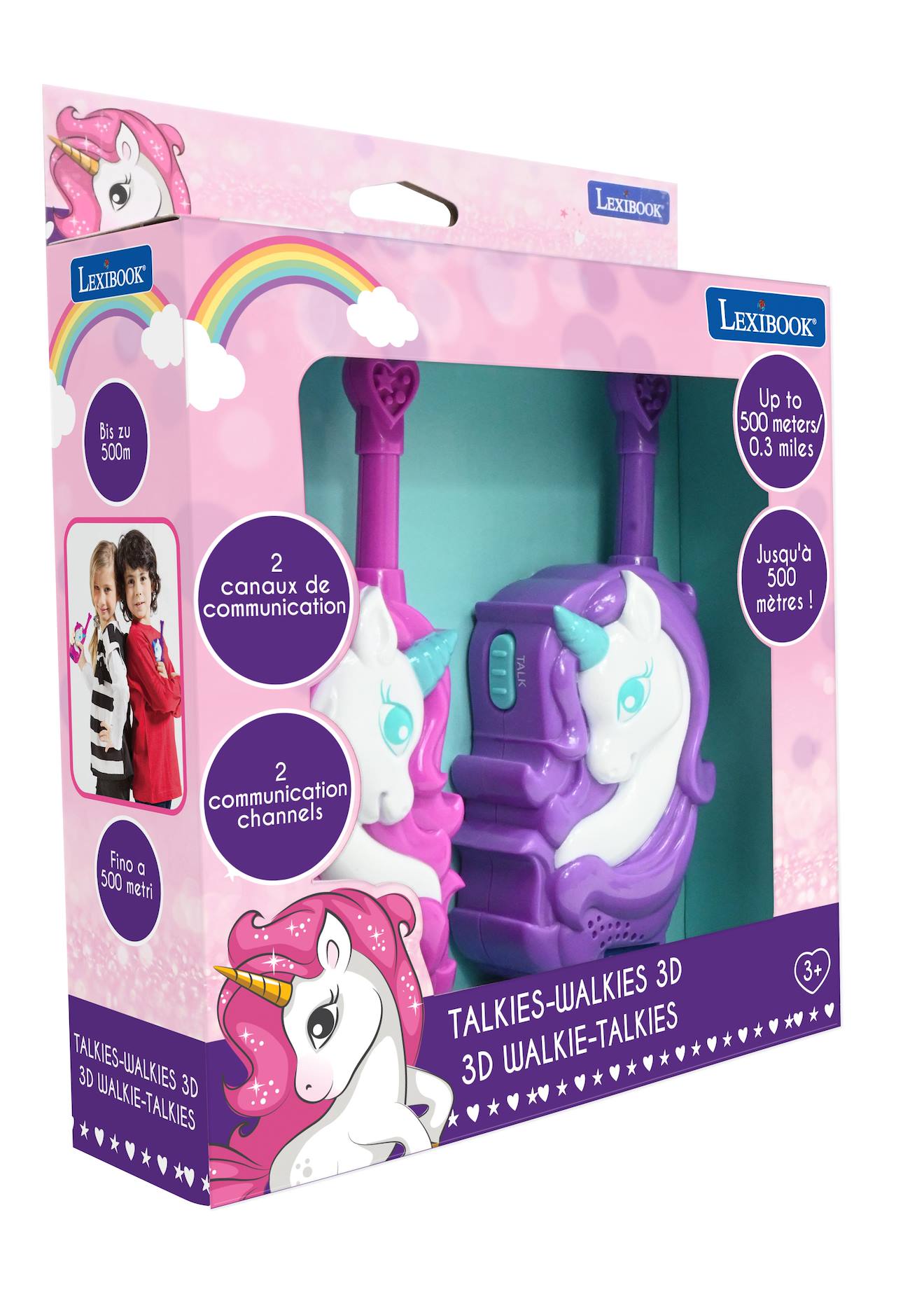 Talkies-walkies portée 500m licornes 3D, 2 canaux de communication, clip ceinture multicolore