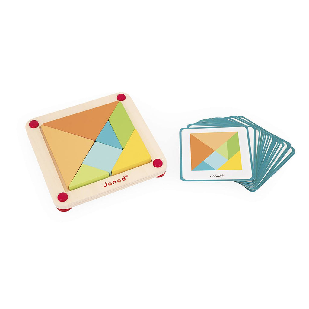 Tangram en bois avec 25 cartes modèles multicolore