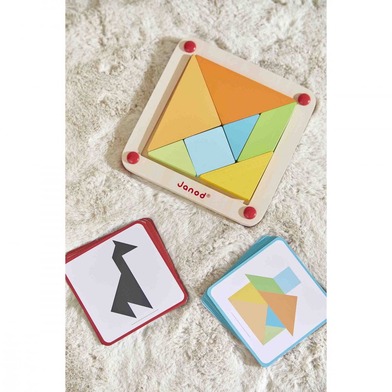 Tangram en bois avec 25 cartes modèles multicolore