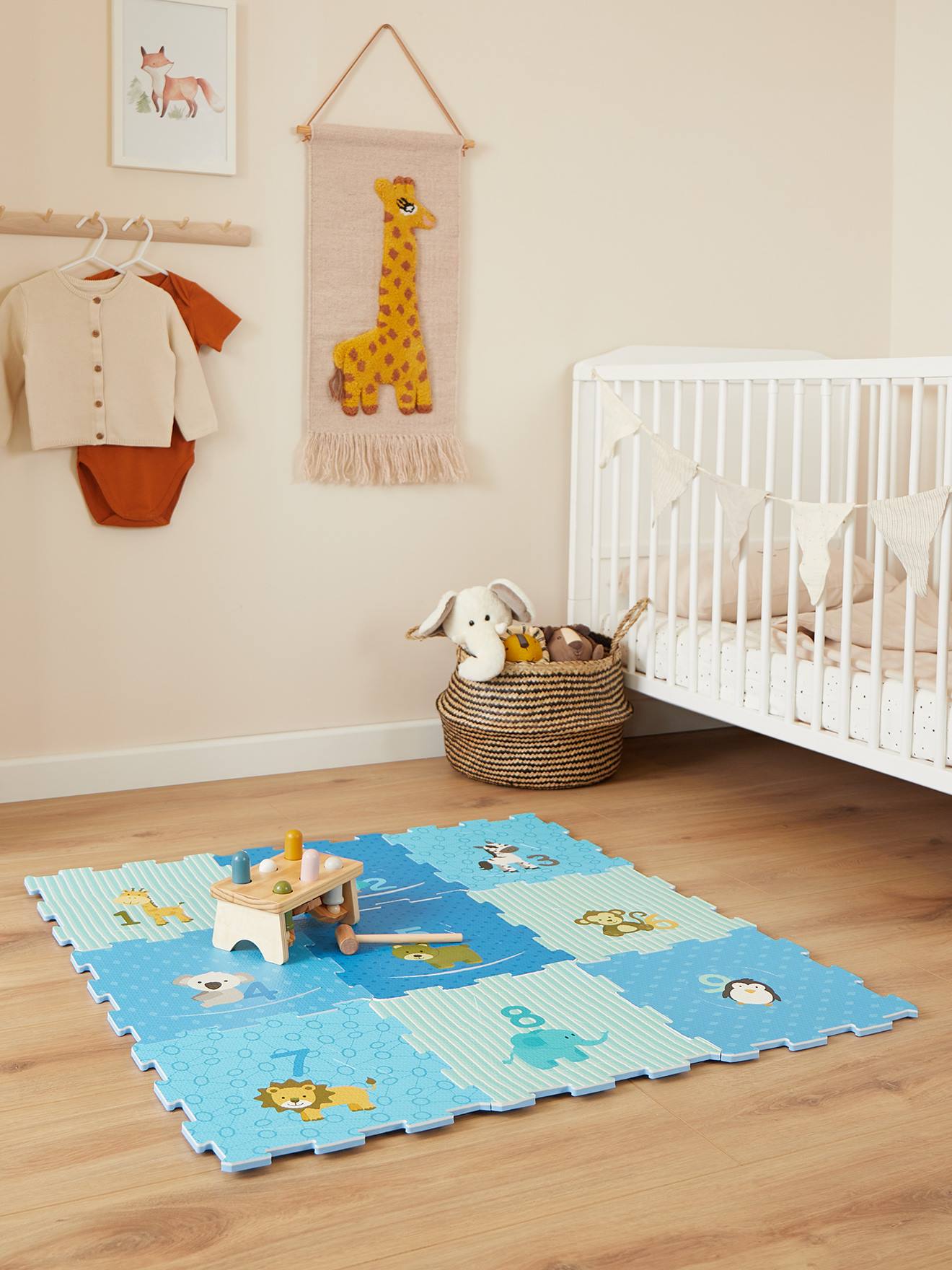 Tapis de jeu puzzle en mousse, 9 pièces animaux avec chiffres - bleu