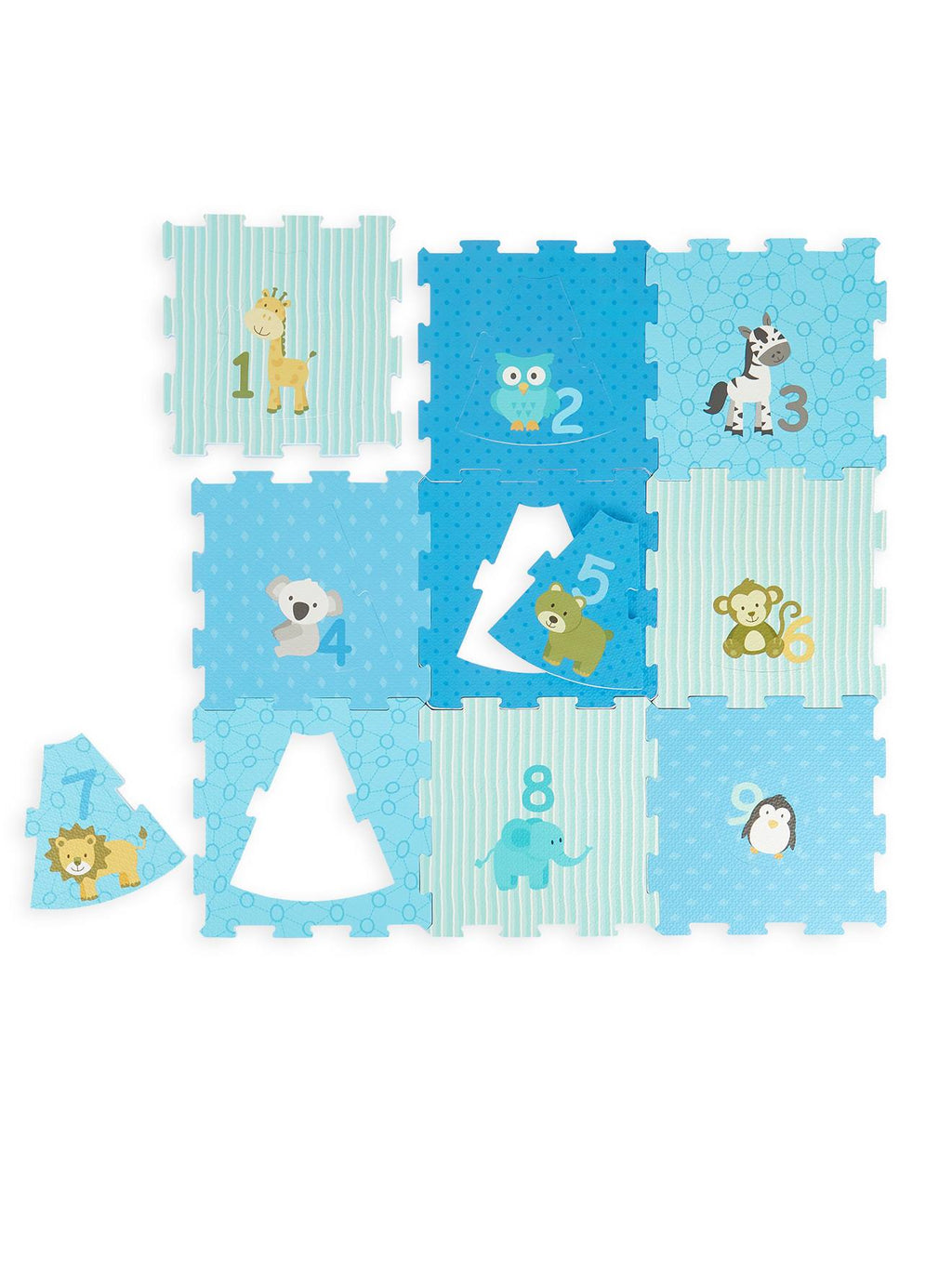 Tapis de jeu puzzle en mousse, 9 pièces animaux avec chiffres - bleu