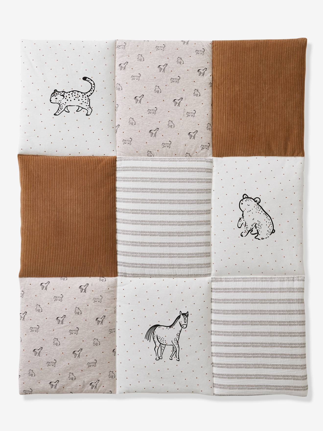 Tapis de sol / fond de parc patchwork coton et velours petit nomade écru / camel