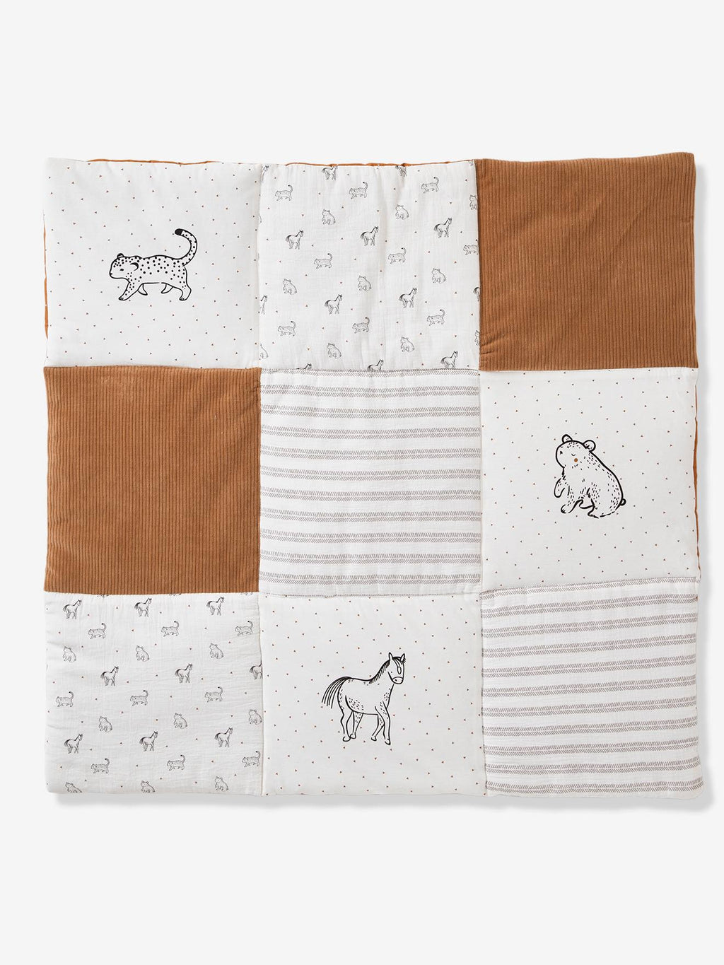 Tapis de sol / fond de parc patchwork coton et velours petit nomade écru / camel