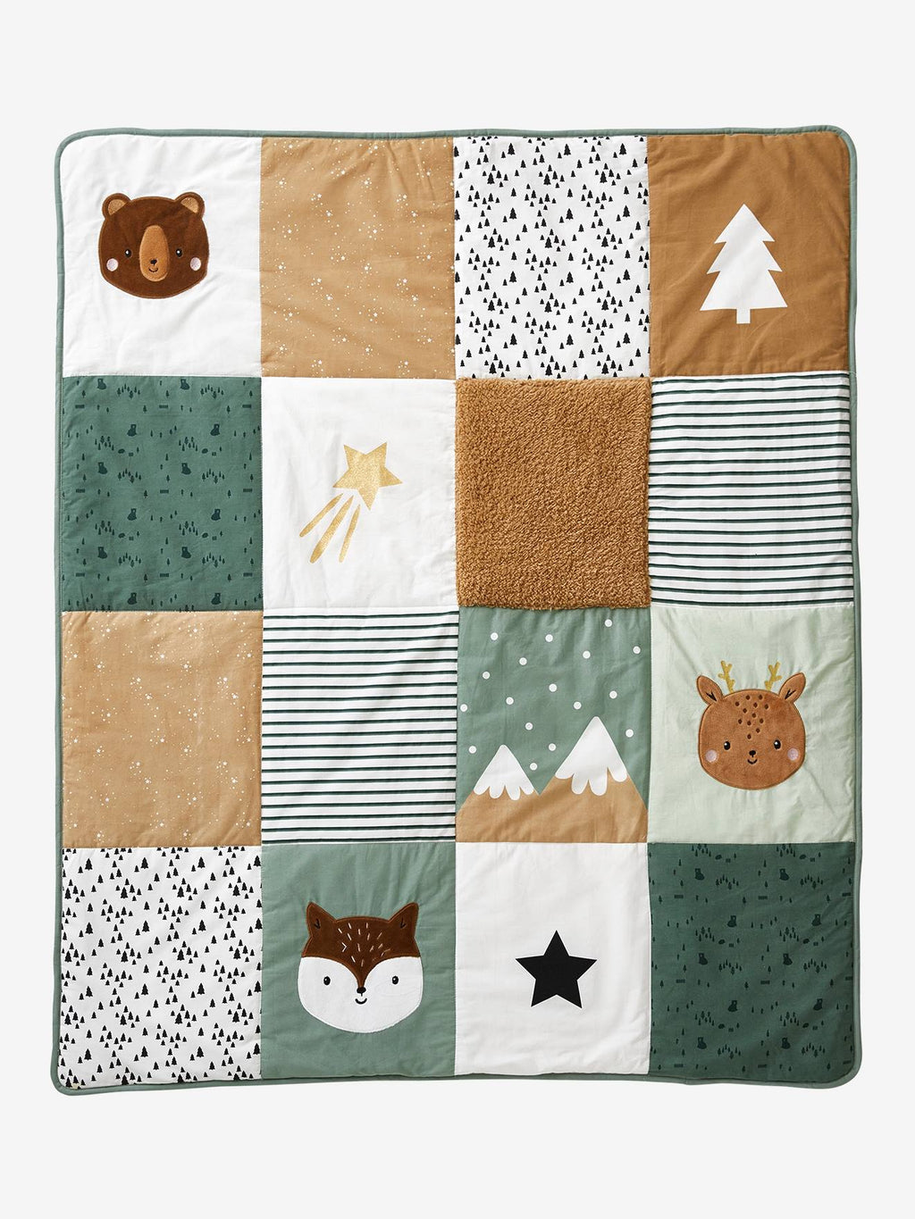 Tapis de sol / fond de parc patchwork en coton et sherpa green forest écru / multicolore