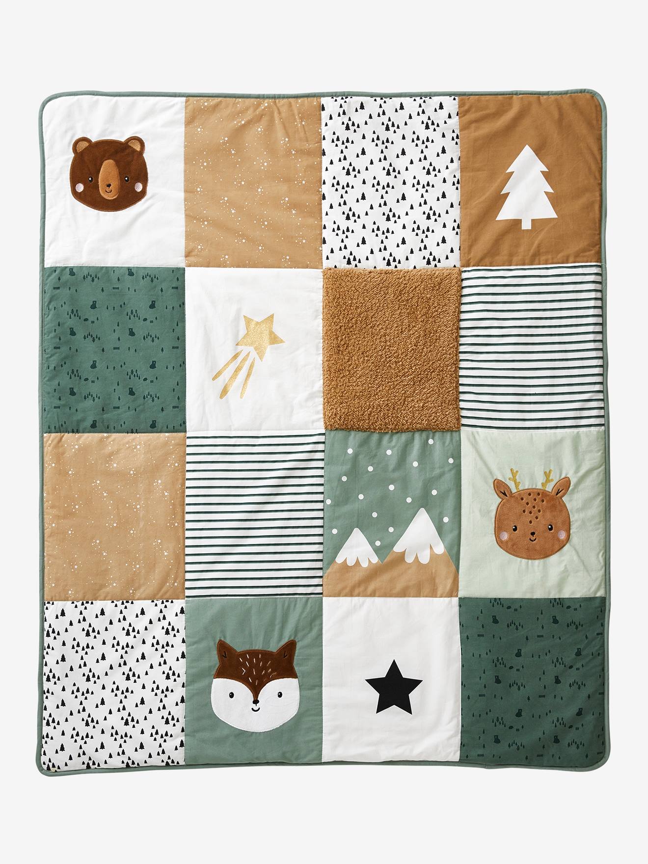 Tapis de sol / fond de parc patchwork en coton et sherpa green forest écru / multicolore