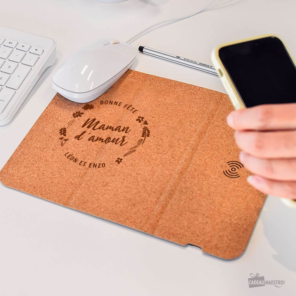 Tapis de Souris en Liège avec Chargeur Induction Maman à Personnaliser - Tapis de Souris Personnalisé