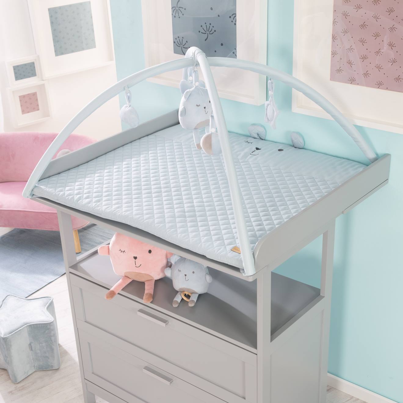 Tapis d'éveil avec arches et 5 jouets suspendus Roba style bleu clair - ourson benny