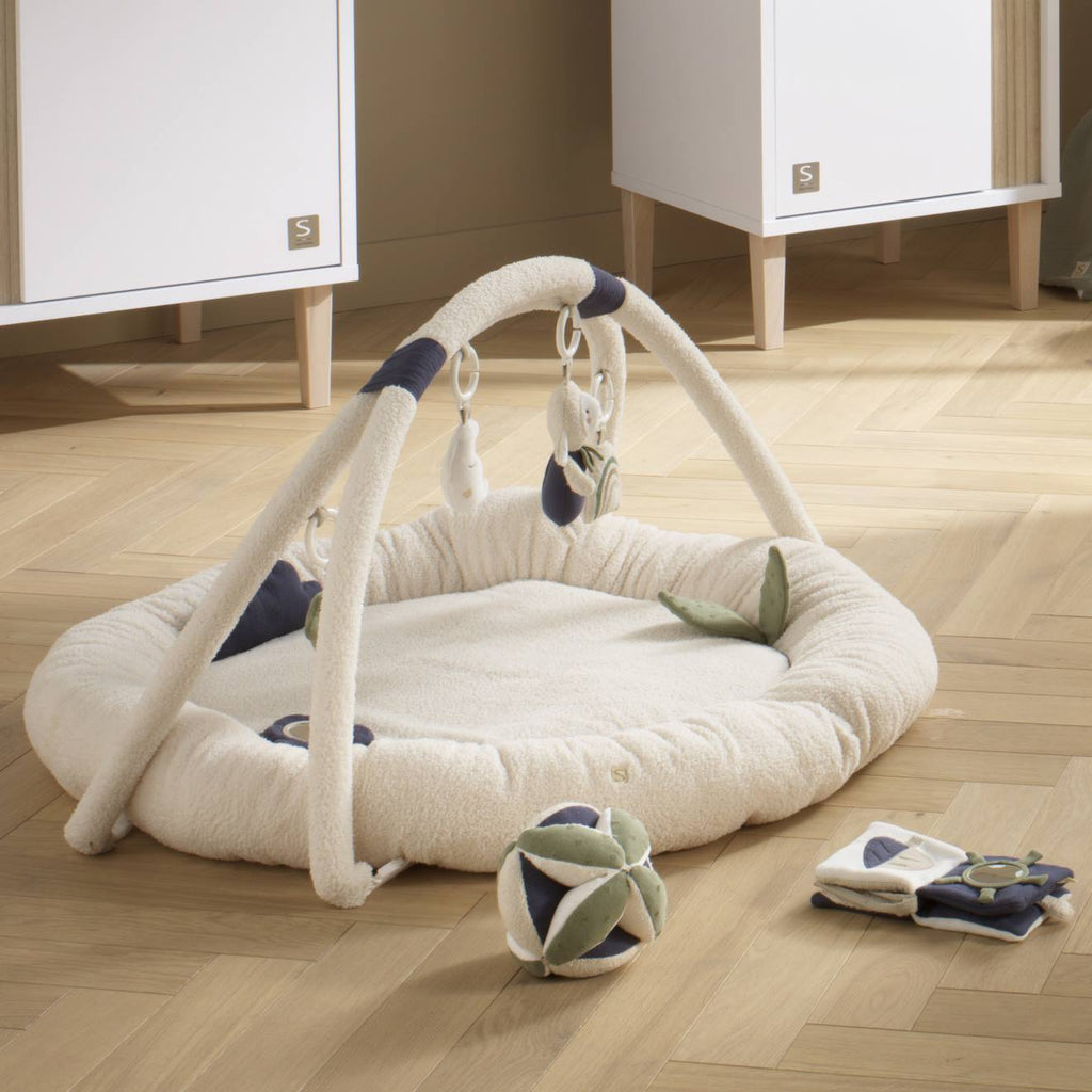 Tapis d'éveil rond en bouclette coton bio - petit nuage blanc/bleu