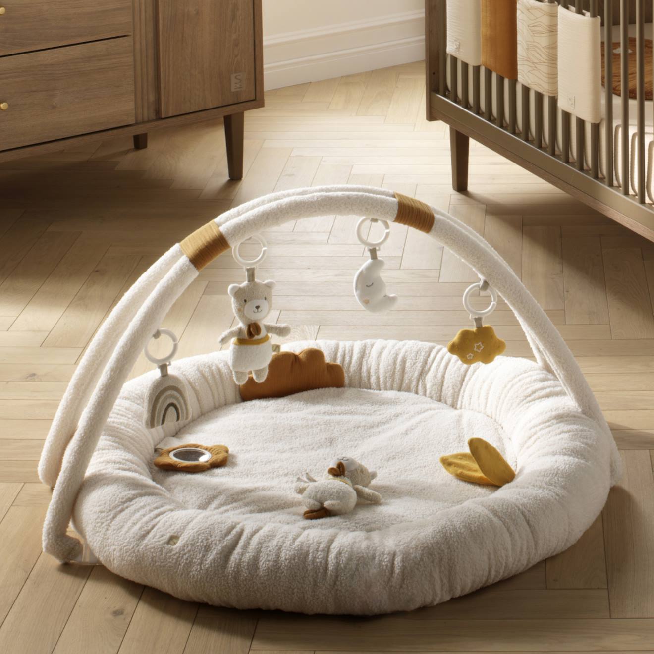 Tapis d'éveil rond en bouclette coton bio - petit nuage blanc/jaune