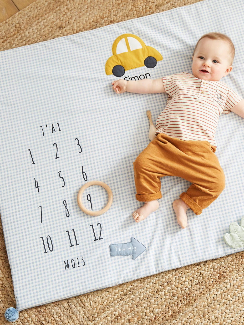 Tapis photo bébé personnalisable en gaze de coton en voiture simon ! bleu