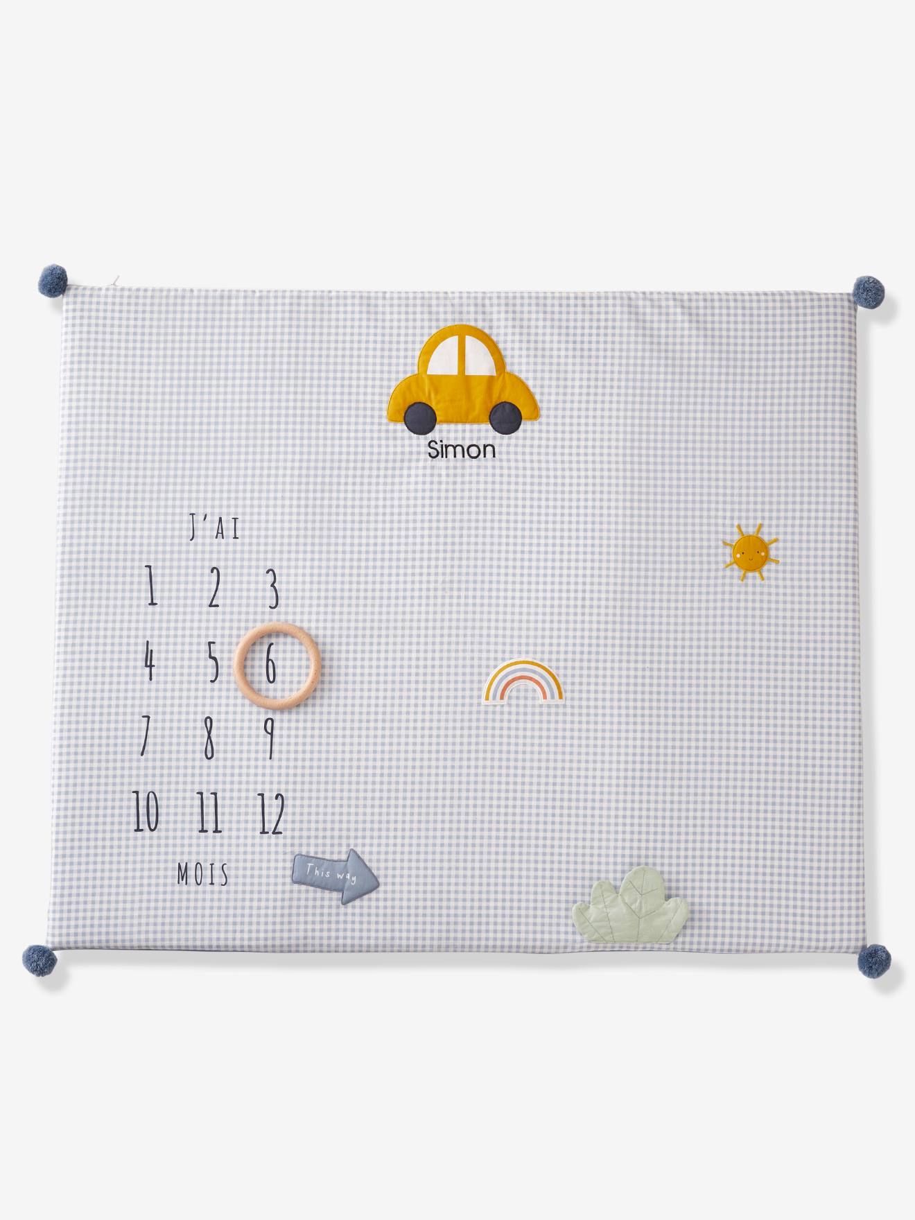 Tapis photo bébé personnalisable en gaze de coton en voiture simon ! bleu