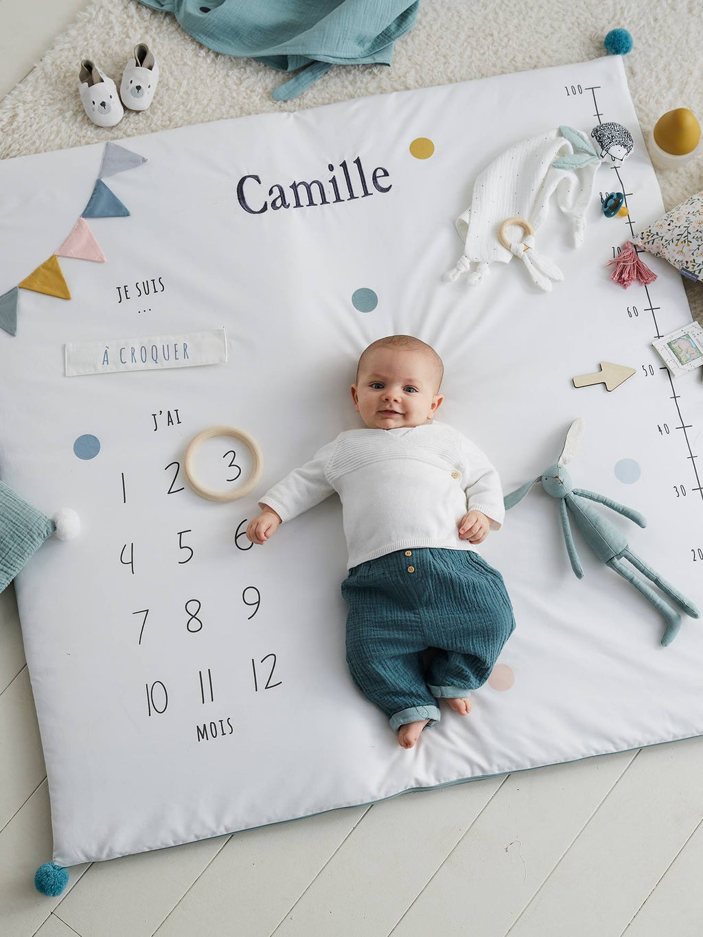 Tapis photo bébé personnalisable écru / vert