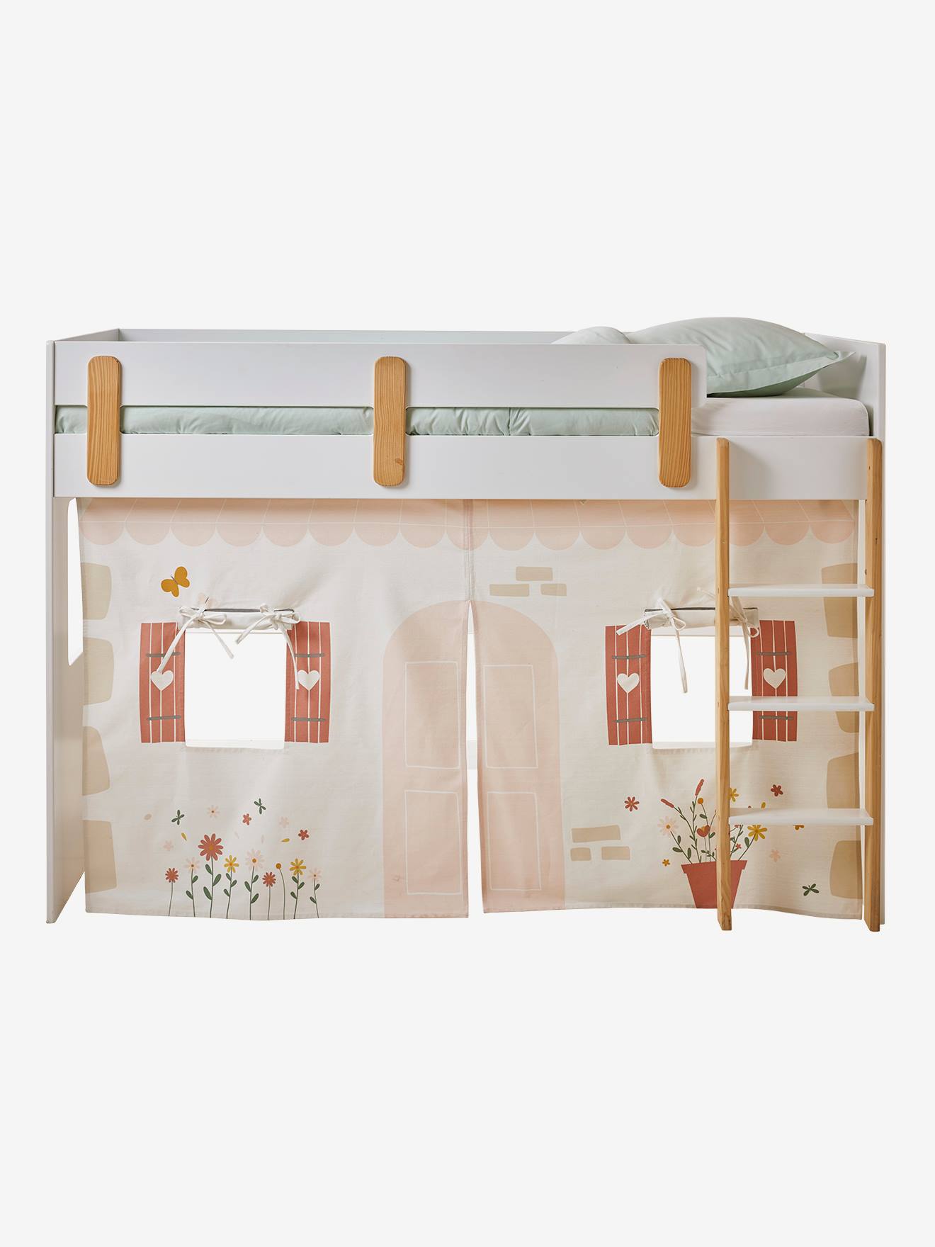Tente de lit cottage pour lit mezzanine mi hauteur ligne everest blanc imprimé