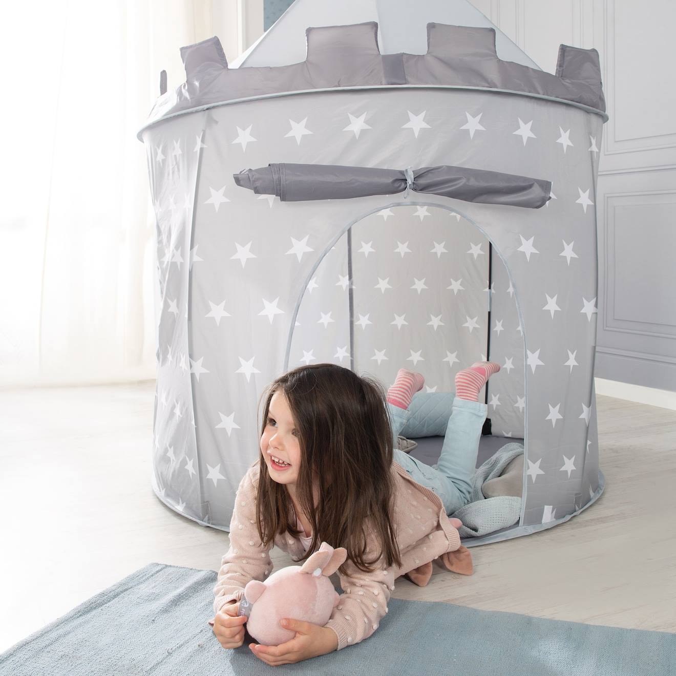 Tente pop up en forme de château fort motif étoiles gris étoilé