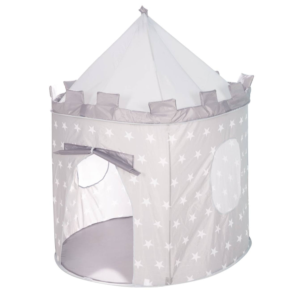 Tente pop up en forme de château fort motif étoiles gris étoilé
