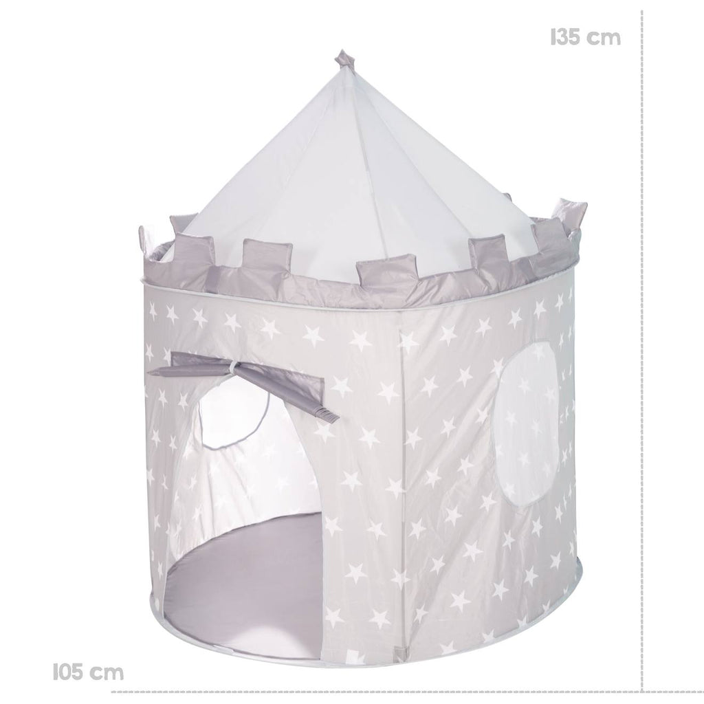 Tente pop up en forme de château fort motif étoiles gris étoilé