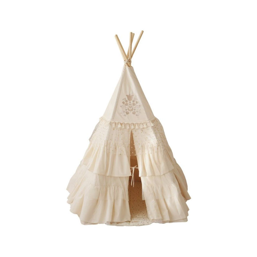 Tente tipi avec franges et tapis boho en coton caramel beige