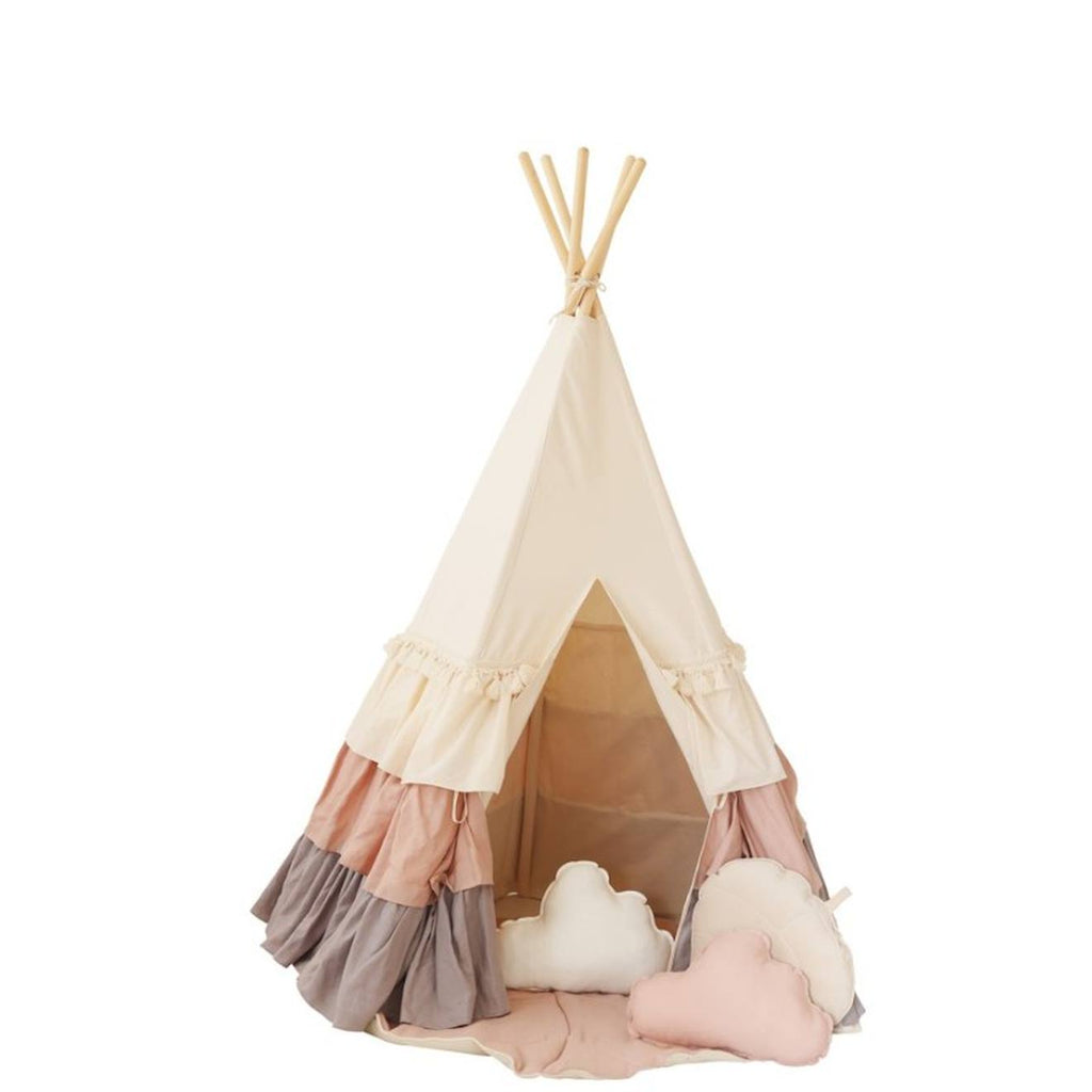 Tente tipi avec franges et tapis powder frills en coton et beige