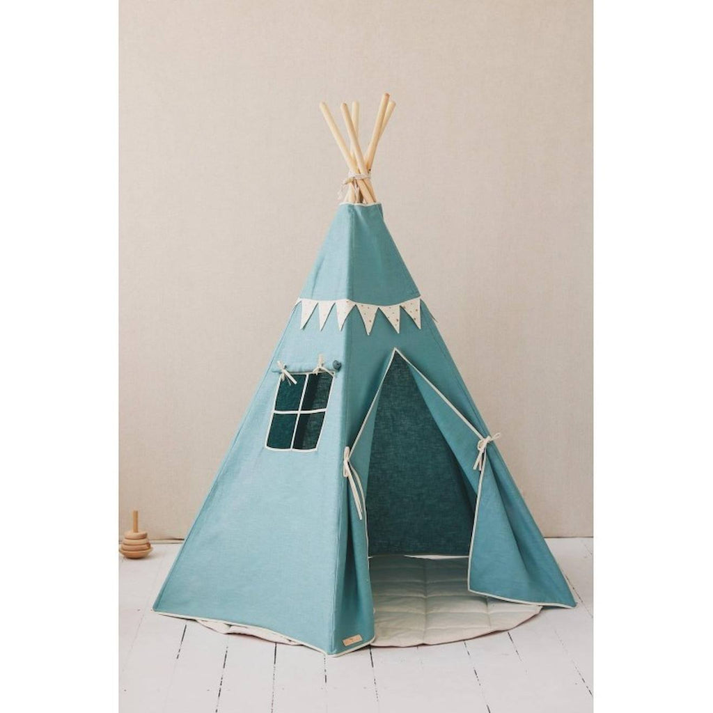 Tente tipi avec guirlande et tapis gold star en lin bleu