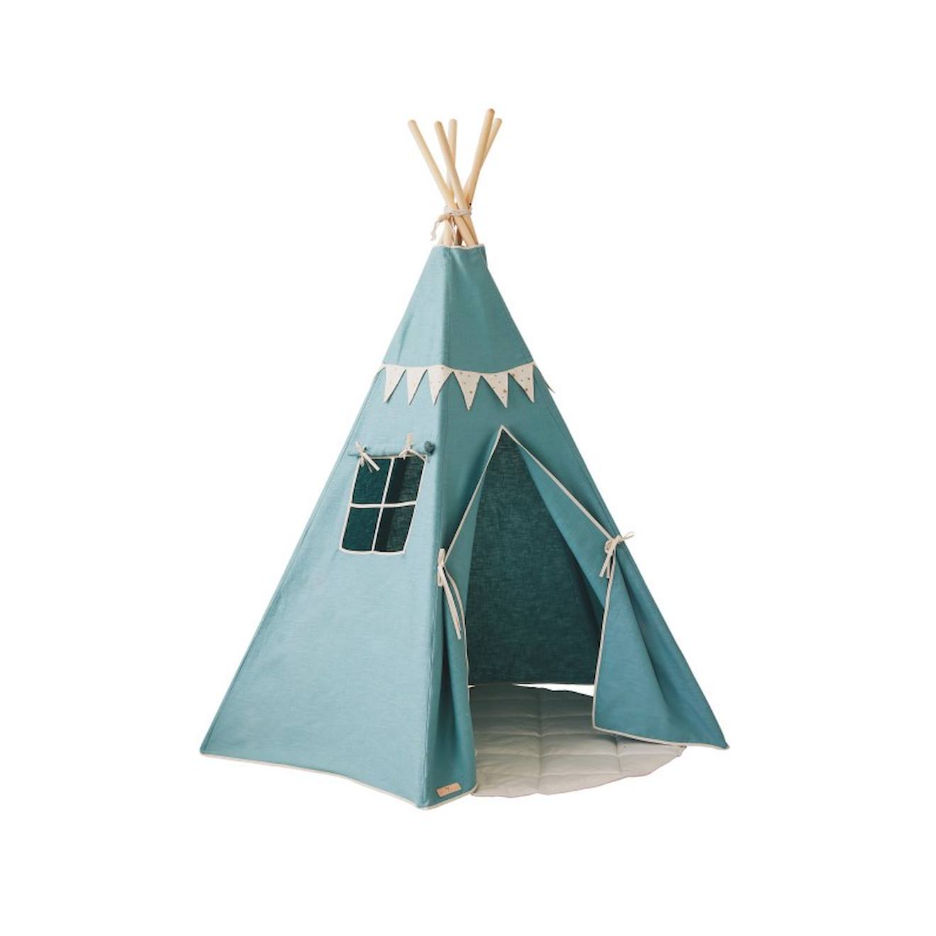 Tente tipi avec guirlande et tapis gold star en lin bleu