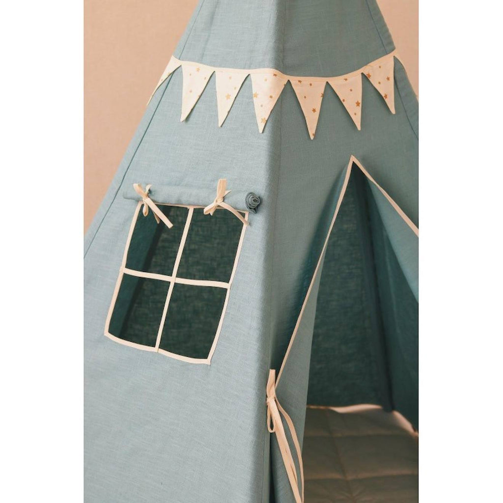Tente tipi avec guirlande menthe en coton bleu