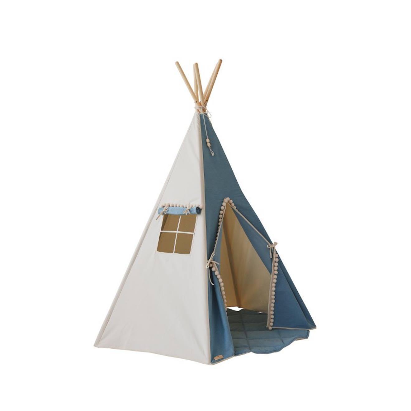 Tente tipi avec pompoms et tapis jeans en coton bleu