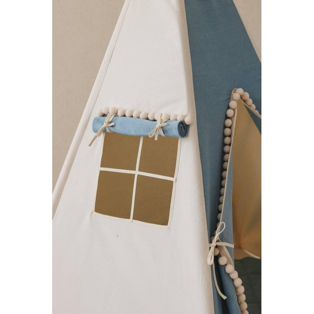 Tente tipi avec pompoms et tapis jeans en coton bleu