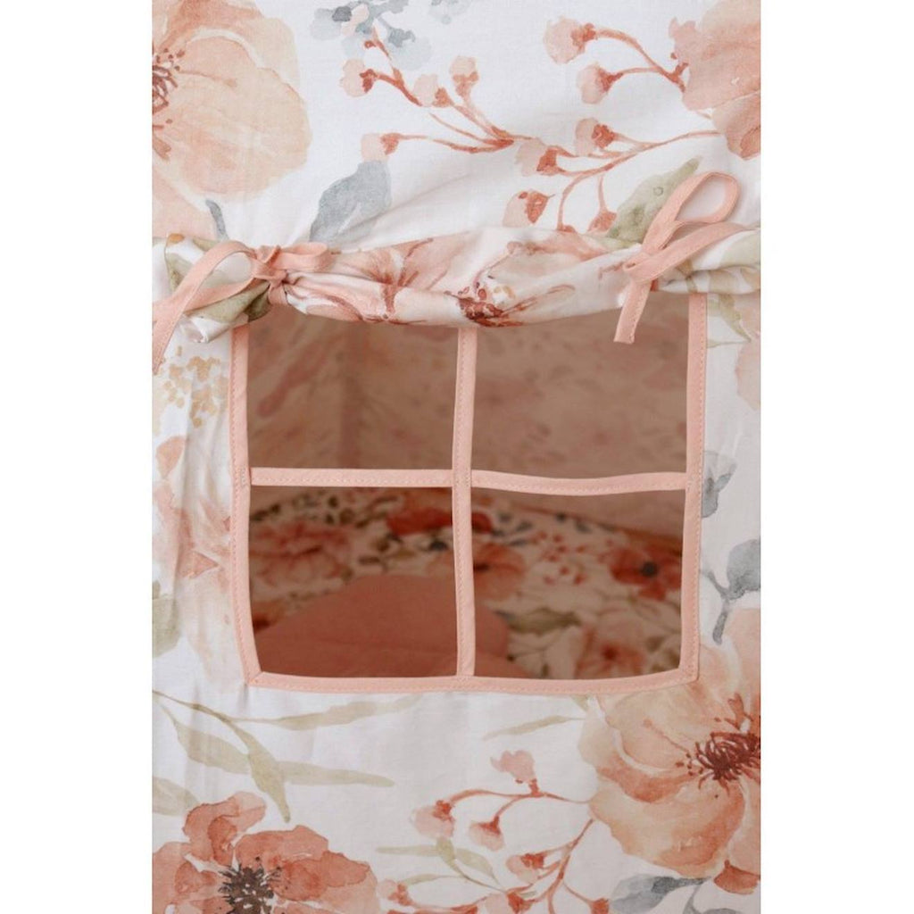 Tente tipi avec tapis flower power en coton beige