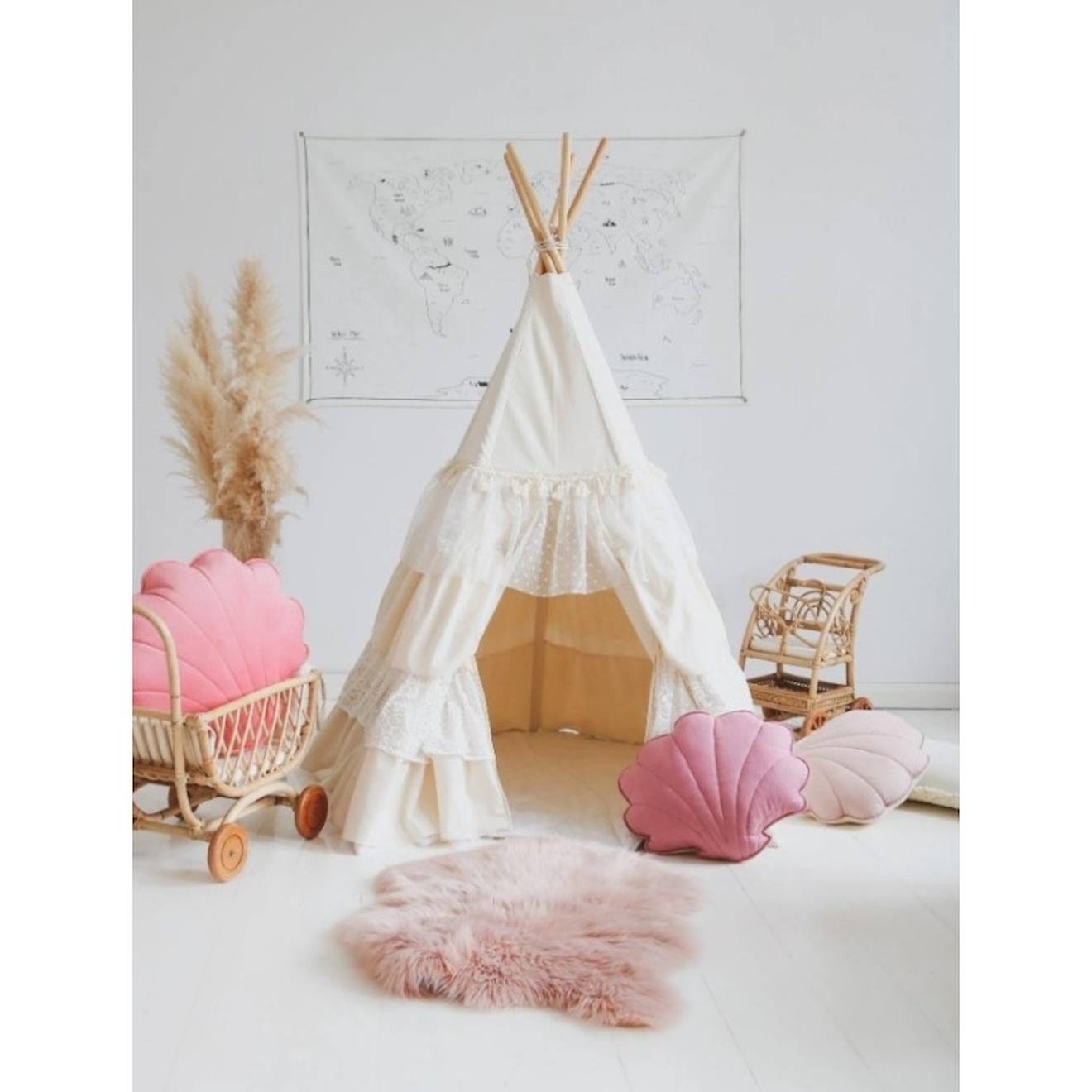 Tente tipi avec volants shabby chic en coton beige
