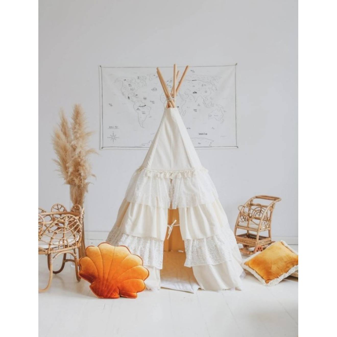 Tente tipi avec volants shabby chic en coton beige