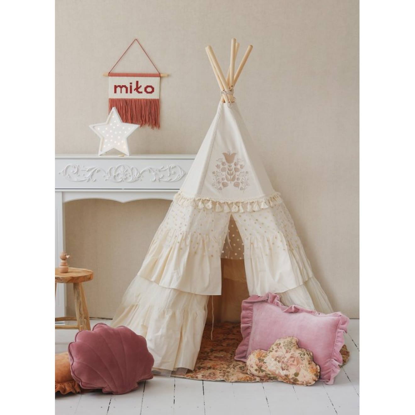 Tente tipi boho à volants en coton beige
