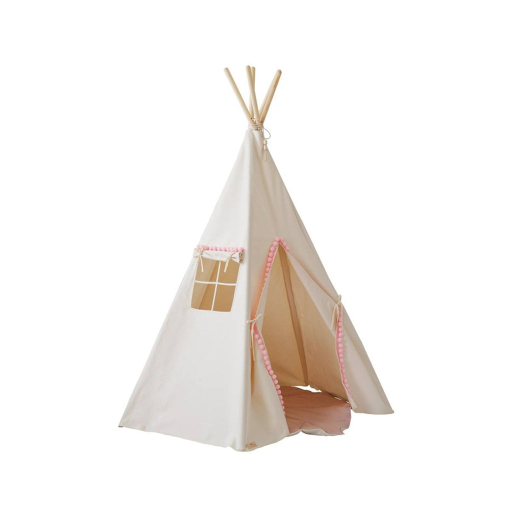 Tente tipi fluffy pompoms avec tapis en coton beige