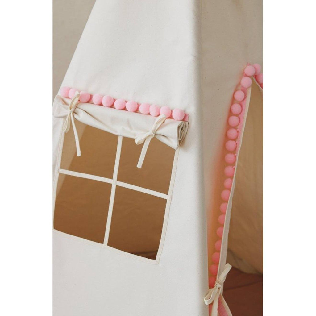 Tente tipi fluffy pompoms avec tapis en coton beige