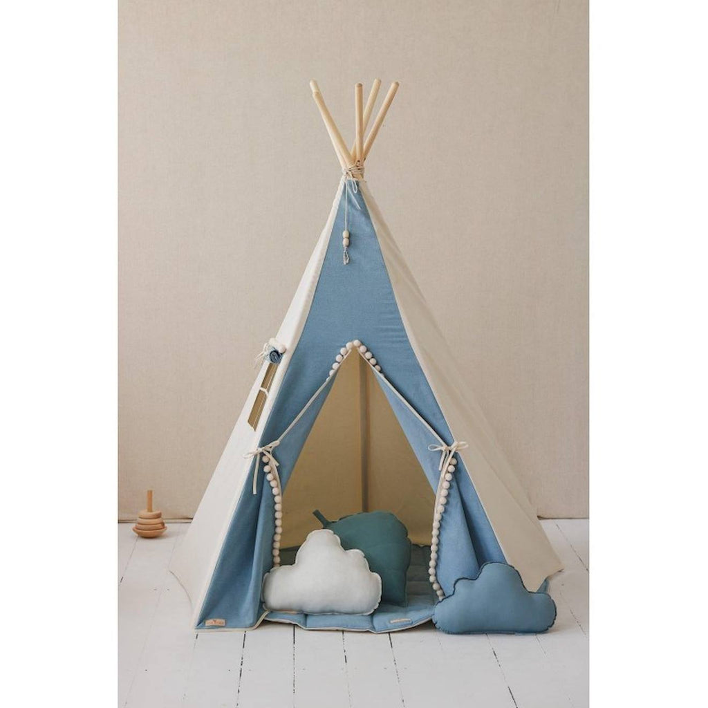 Tente tipi jean avec pompoms en coton bleu