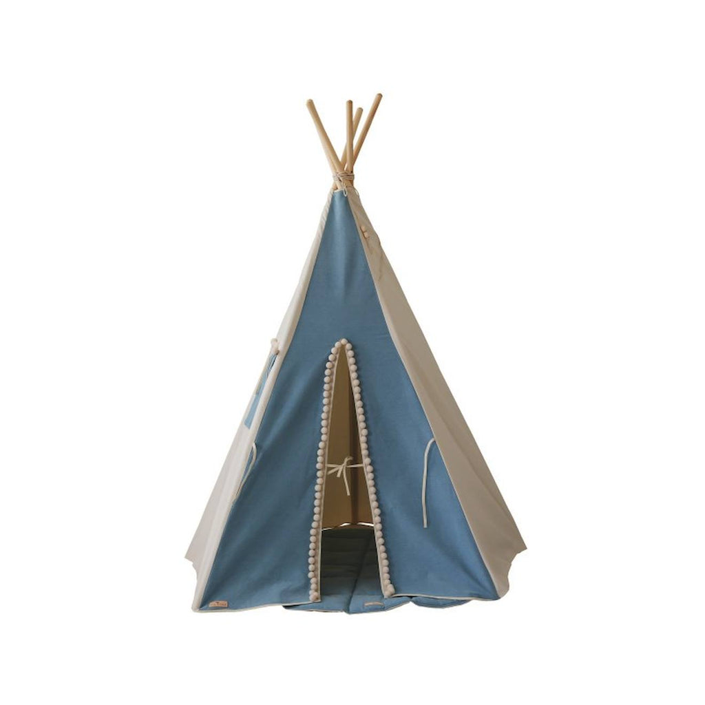 Tente tipi jean avec pompoms en coton bleu