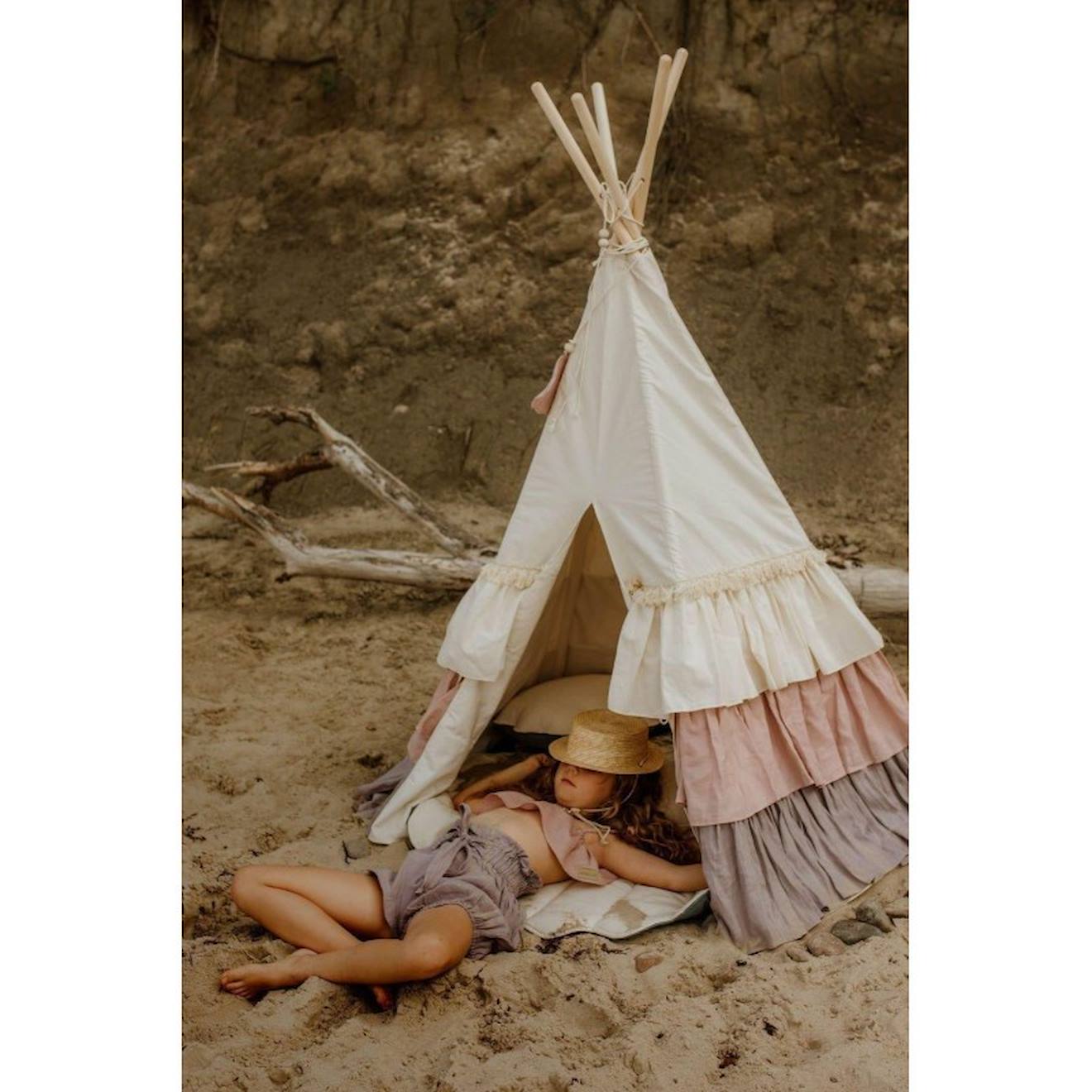 Tente tipi powder frills à volants en lin et coton beige