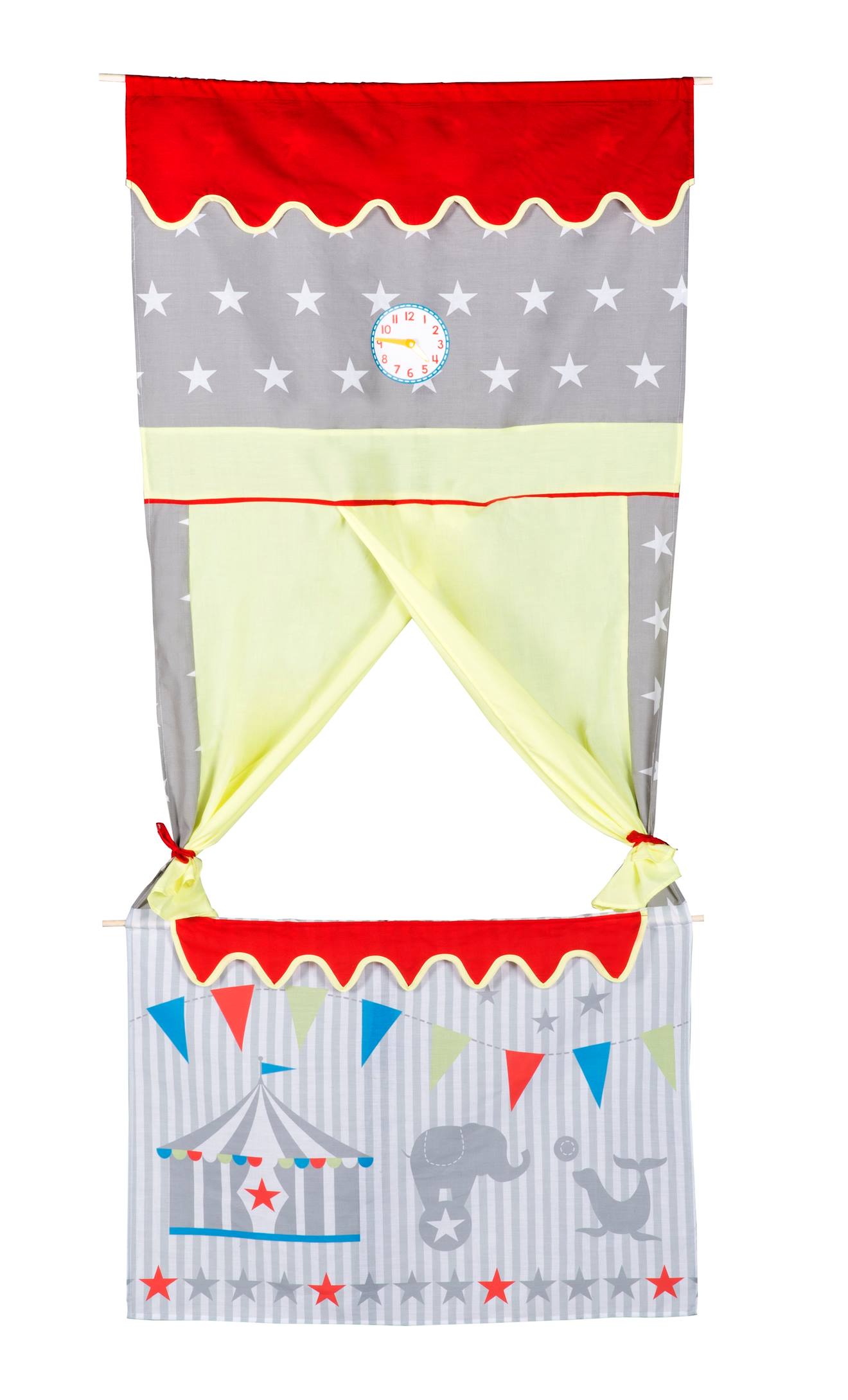 Théâtre de porte en tissu - castelet de marionnettes à suspendre gris, jaune et rouge