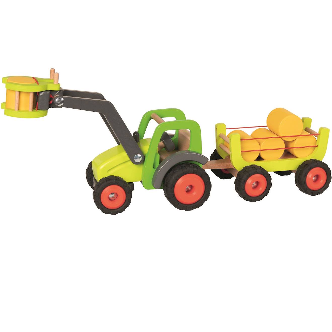 Tracteur avec remorque à foin vert