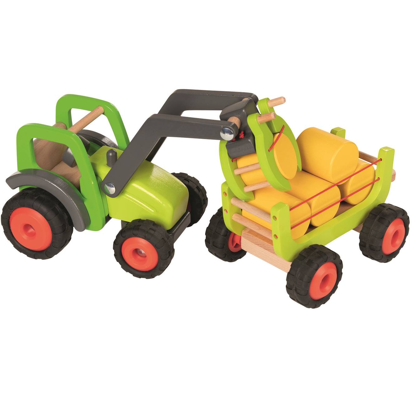 Tracteur avec remorque à foin vert
