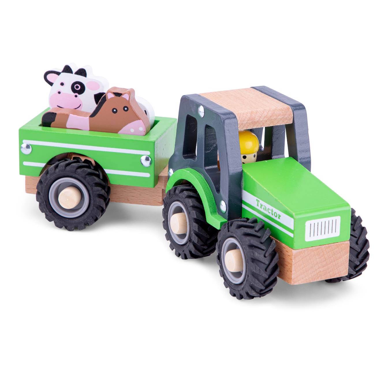 Tracteur avec remorque et animaux vert