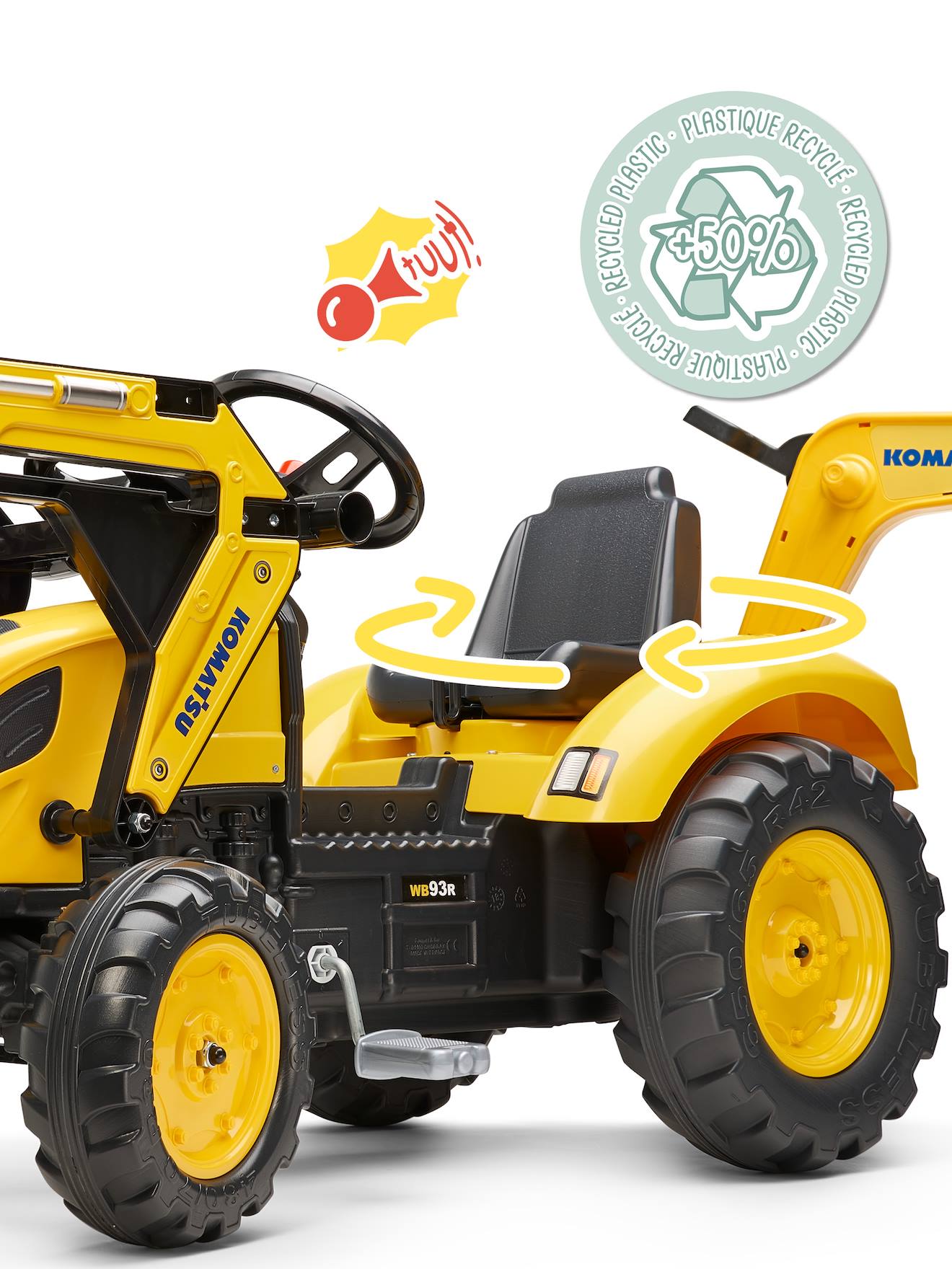 Tractopelle à pédales avec excavatrice arrière et remorque jaune komatsu
