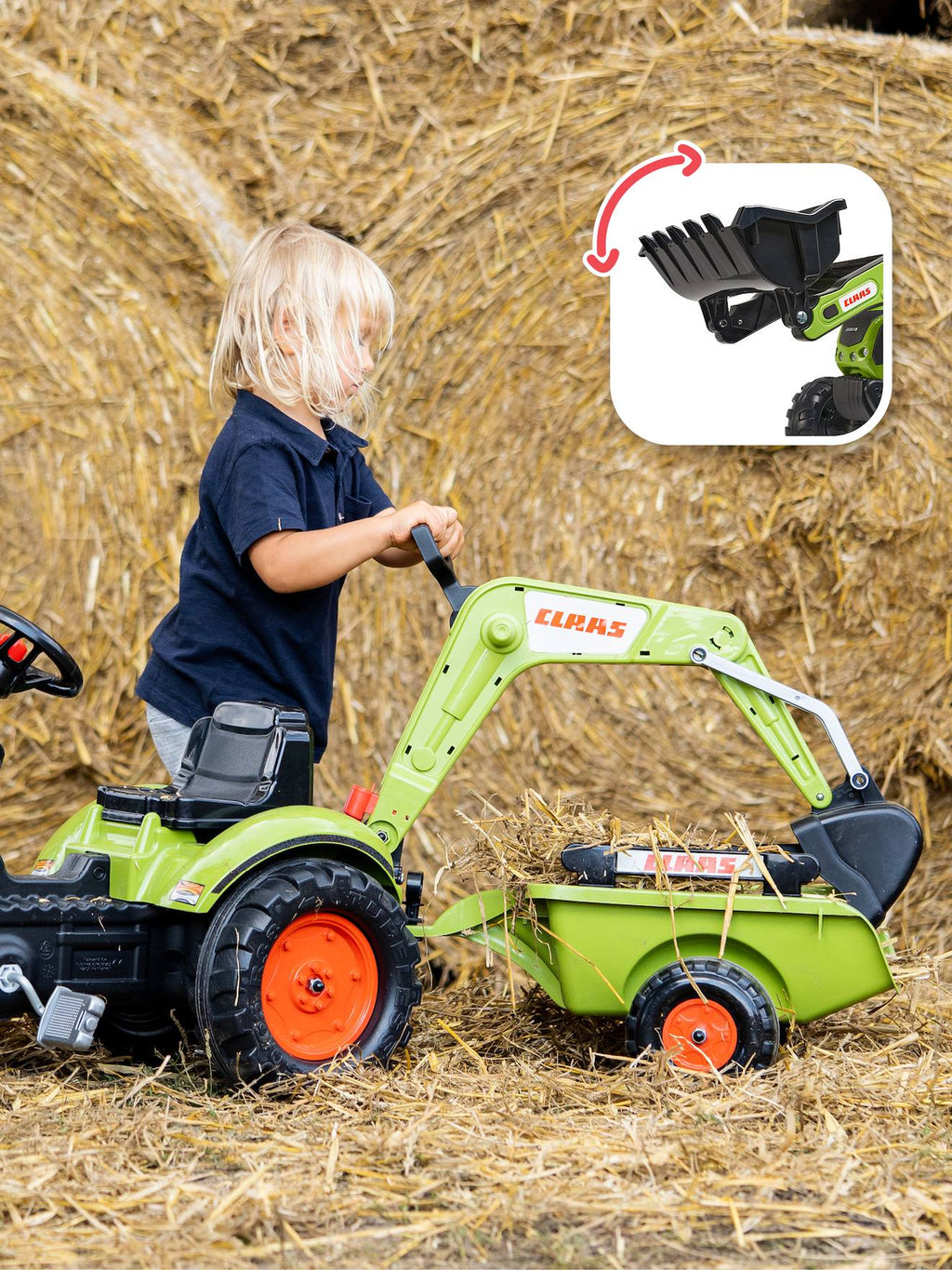 Tractopelle à pédales avec excavatrice arrière et remorque vert claas