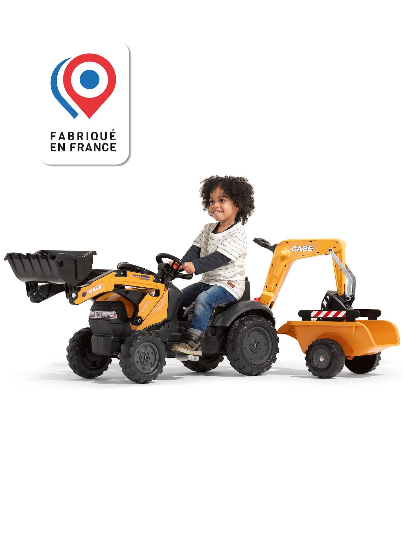 Tractopelle à pédales avec excavatrice arrière et remorque orange