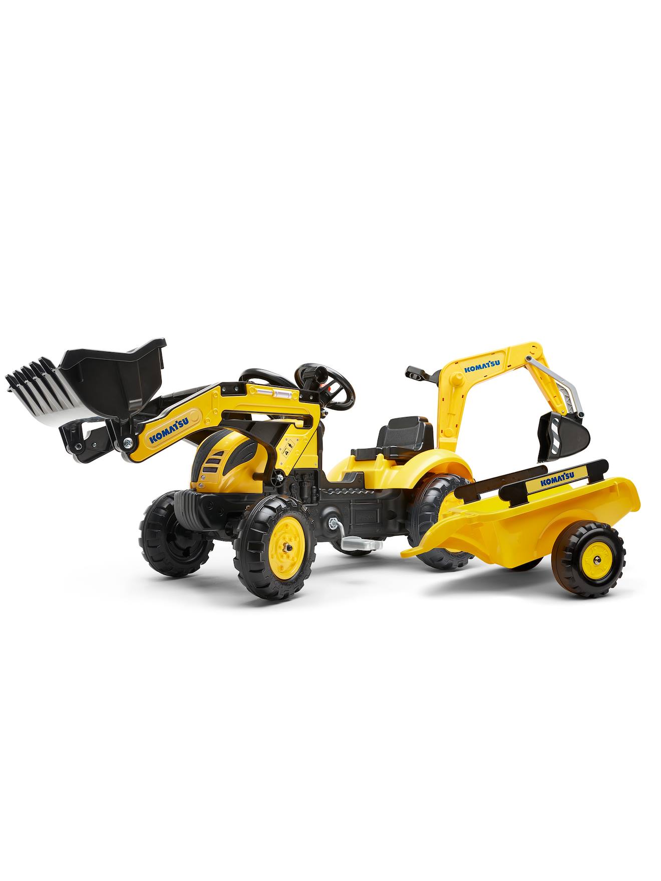 Tractopelle à pédales avec excavatrice arrière et remorque jaune komatsu