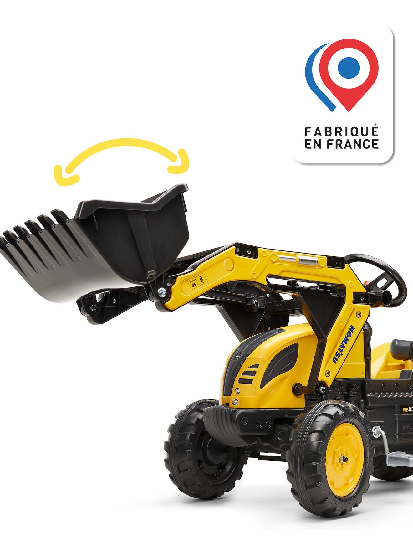 Tractopelle à pédales avec excavatrice arrière et remorque jaune komatsu