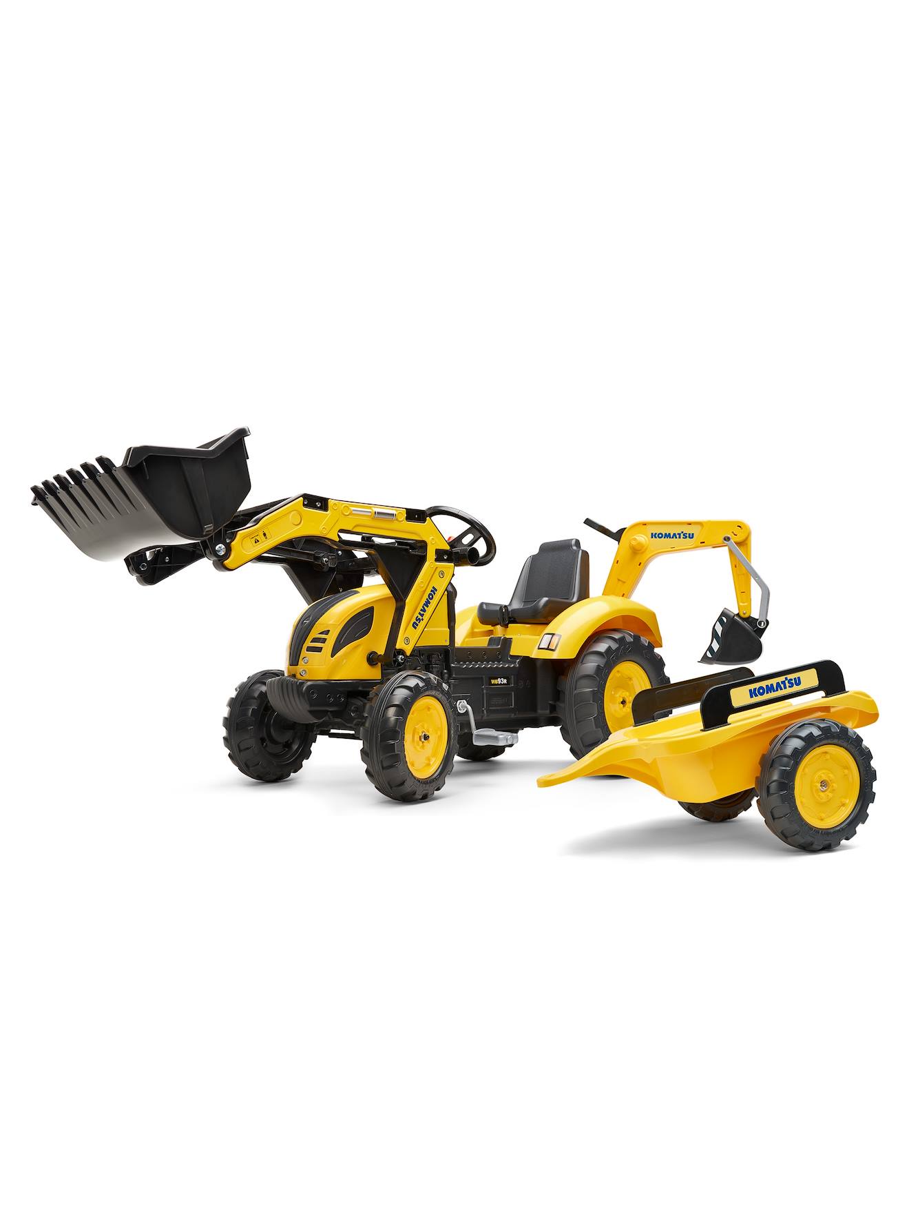 Tractopelle à pédales avec excavatrice arrière et remorque jaune komatsu
